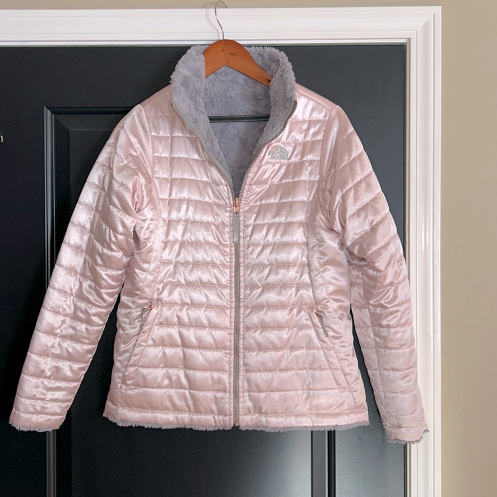 The North Face girls reversible puffer jacket fleece pink gray XL 18
